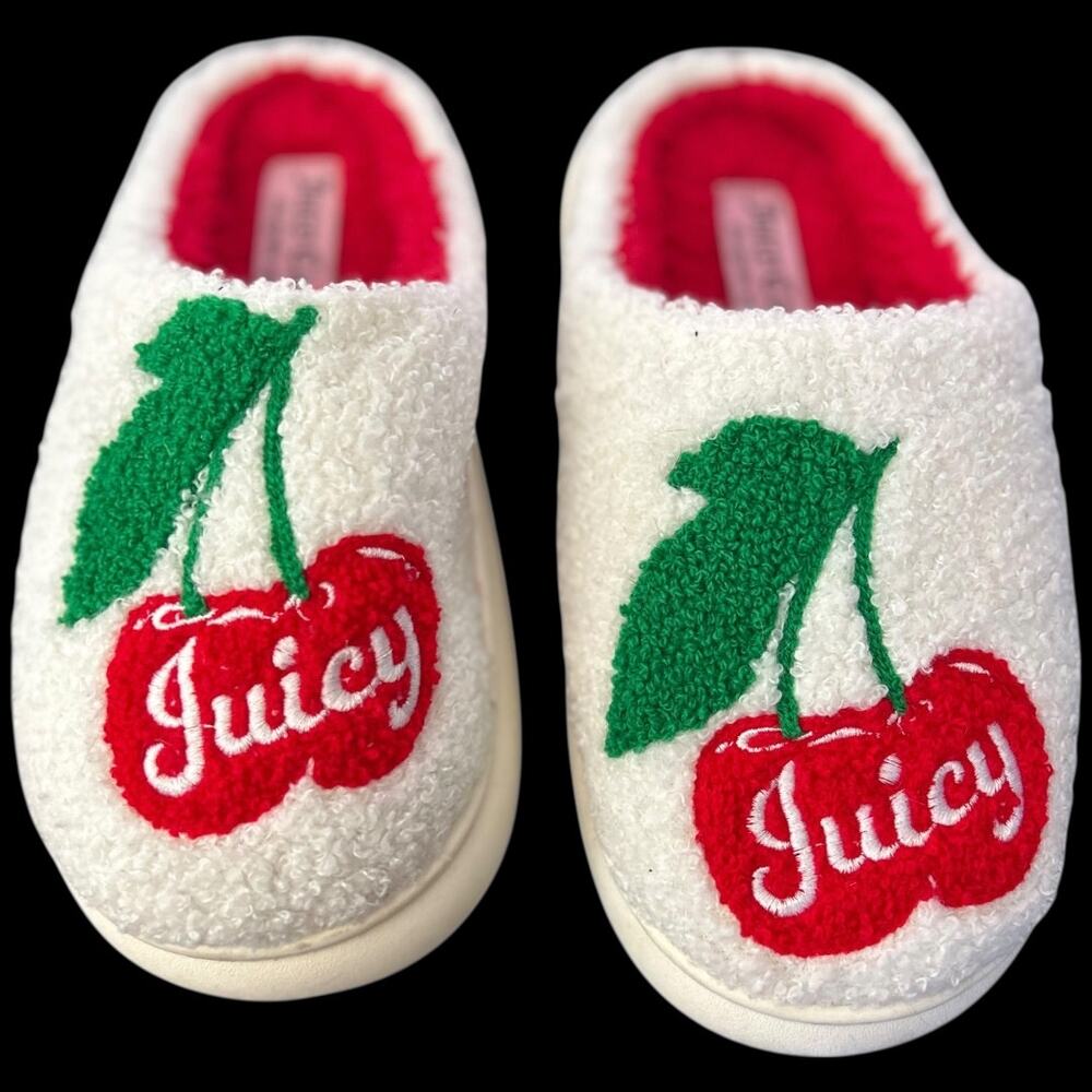 NWOT Juicy Couture White With Red Cherries Embroidered Slippers Size Small 5 / 6